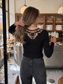 Serisse Casual Solid Color Embroidery Patchwork Long Sleeve T-Shirt, Autumn Winter Black Spring Tops - Black - View 7