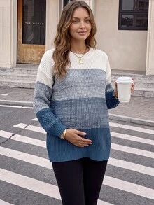 SHEIN Maternity Colorblock Round Neck Dropped Shoulder Long Sleeve Casual Sweater Winter - Blue - View 1