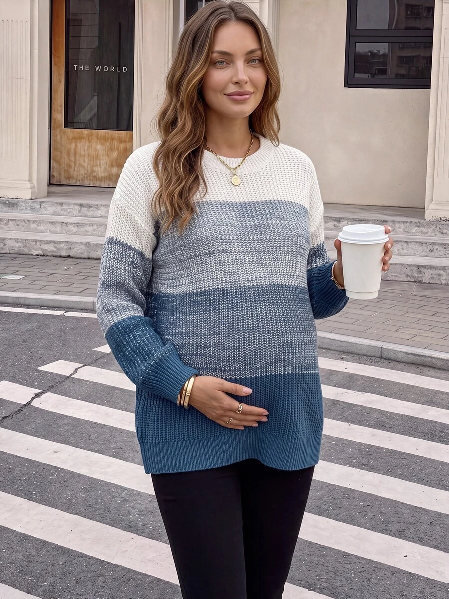 SHEIN Maternity Colorblock Round Neck Dropped Shoulder Long Sleeve Casual Sweater Winter - Blue - View 1