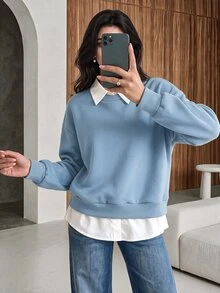 Seusyu Striped Patchwork 2 In 1 Long Sleeve Elegant & Fashionable Women Sweatshirt - Baby Blue - View 1