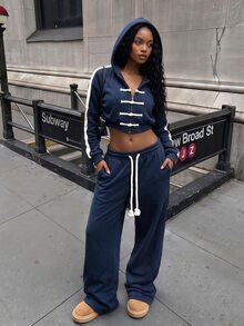 SuriyaCove Contrast Side Seam Crop Hoodie & Drawstring Waist Sweatpants - Navy Blue - View 4