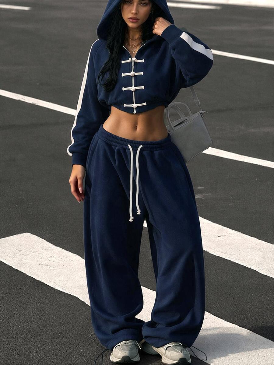 SuriyaCove Contrast Side Seam Crop Hoodie & Drawstring Waist Sweatpants - Navy Blue - View 1