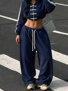 SuriyaCove Contrast Side Seam Crop Hoodie & Drawstring Waist Sweatpants - Navy Blue - View 3
