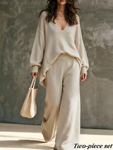 SHEIN LUNE Relaxed Fit V Neck Asymmetric Hem Drop Shoulder Ribbed Cuff Long Sleeve Pullover Top High Waist Wide Leg Straight Pants Women Sweater Set Beige Fall - Apricot - View 3