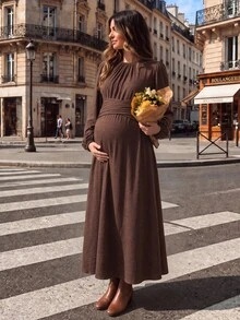 SHEIN Maternity Dress With Small Round Neck, Waist Knot, Cross A-Line Hem, Brown Woven Fabric Dress Autumn Thanksgiving Photoshoot Business Casual Chic - Dark Grey - View 2