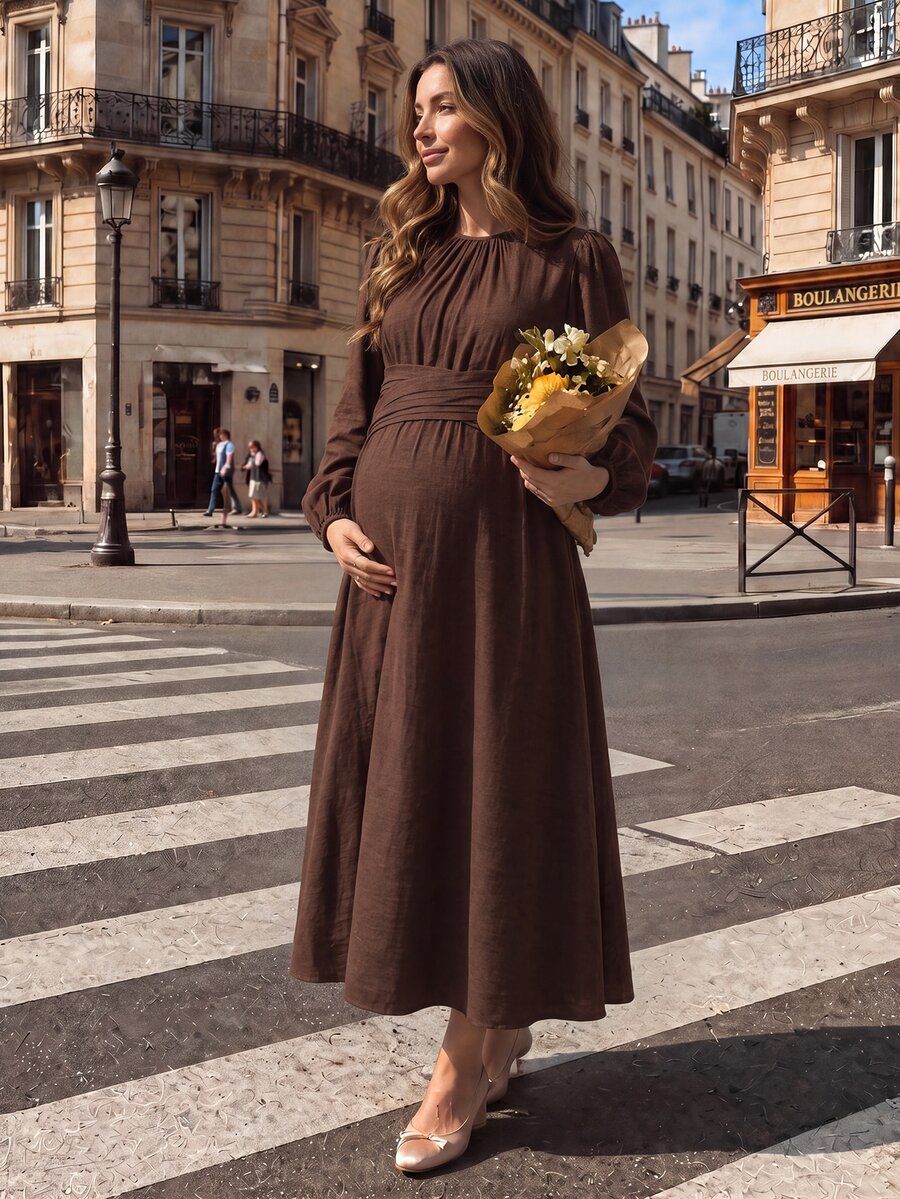 SHEIN Maternity Dress With Small Round Neck, Waist Knot, Cross A-Line Hem, Brown Woven Fabric Dress Autumn Thanksgiving Photoshoot Business Casual Chic - Dark Grey - View 1