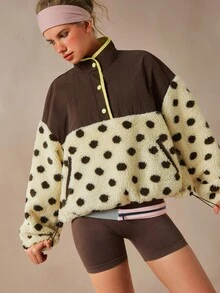 VARSIVA Women's Stand Collar Single-Breasted Patchwork Polka Dot Print Fleece Drawstring Dual Pocket Casual Sports Jacket - Multicolor - View 6