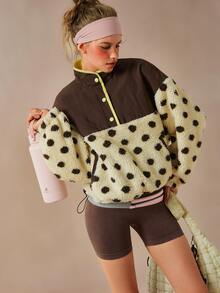 VARSIVA Women's Stand Collar Single-Breasted Patchwork Polka Dot Print Fleece Drawstring Dual Pocket Casual Sports Jacket - Multicolor - View 7