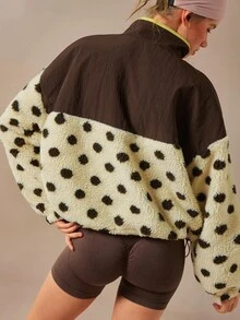 VARSIVA Women's Stand Collar Single-Breasted Patchwork Polka Dot Print Fleece Drawstring Dual Pocket Casual Sports Jacket - Multicolor - View 9