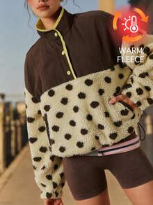 VARSIVA Women's Stand Collar Single-Breasted Patchwork Polka Dot Print Fleece Drawstring Dual Pocket Casual Sports Jacket - Multicolor - View 1