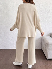 SHEIN Maternity Ribbed Tie-Front Top And Adjustable Waist Long Pants 2 Pieces Set Fall - Apricot - View 3