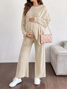SHEIN Maternity Ribbed Tie-Front Top And Adjustable Waist Long Pants 2 Pieces Set Fall - Apricot - View 6