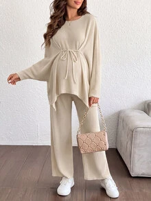 SHEIN Maternity Ribbed Tie-Front Top And Adjustable Waist Long Pants 2 Pieces Set Fall - Apricot - View 4