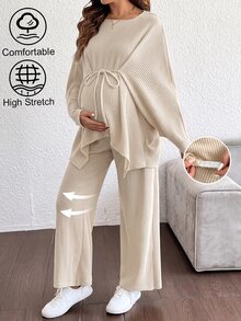 SHEIN Maternity Ribbed Tie-Front Top And Adjustable Waist Long Pants 2 Pieces Set Fall - Apricot - View 2