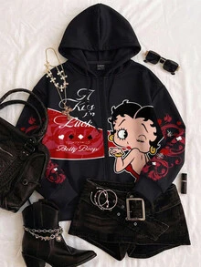 Attitoon Betty Boop x SHEIN Women's Letter Cartoon Pattern Casual Daily Sweatshirt - Multicolor - View 1