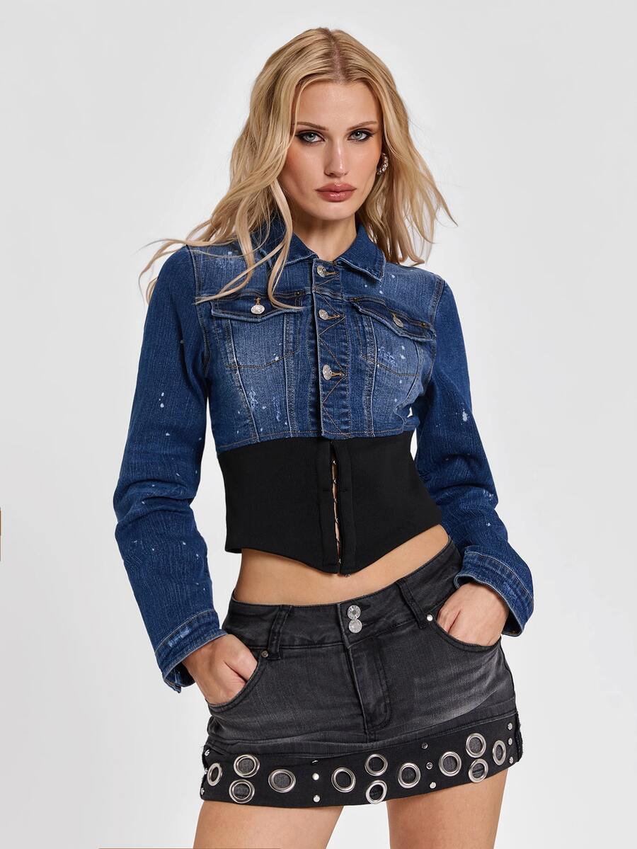 ROMWE Autumn/Winter Rebel Denim Y2K Millennium Style Distressed Washed Patchwork Contrast Color Ribbed Slim Fit Cinched Waist Women's Denim Jacket - Dark Wash - View 1