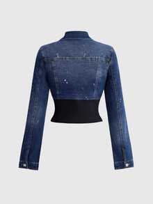 ROMWE Autumn/Winter Rebel Denim Y2K Millennium Style Distressed Washed Patchwork Contrast Color Ribbed Slim Fit Cinched Waist Women's Denim Jacket - Dark Wash - View 9