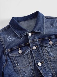 ROMWE Autumn/Winter Rebel Denim Y2K Millennium Style Distressed Washed Patchwork Contrast Color Ribbed Slim Fit Cinched Waist Women's Denim Jacket - Dark Wash - View 10