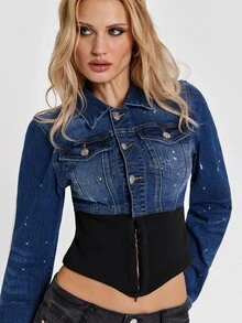 ROMWE Autumn/Winter Rebel Denim Y2K Millennium Style Distressed Washed Patchwork Contrast Color Ribbed Slim Fit Cinched Waist Women's Denim Jacket - Dark Wash - View 7