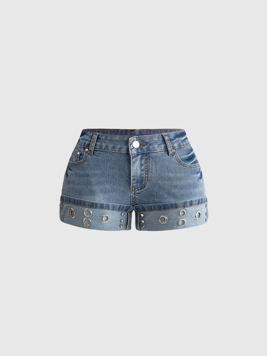 ROMWE Y2K Hot Girl Metal Eyelet Vintage Low Waist Denim Shorts For Women - Light Wash - View 1