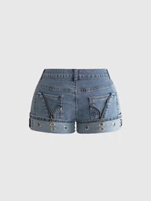 ROMWE Y2K Hot Girl Metal Eyelet Vintage Low Waist Denim Shorts For Women - Light Wash - View 3