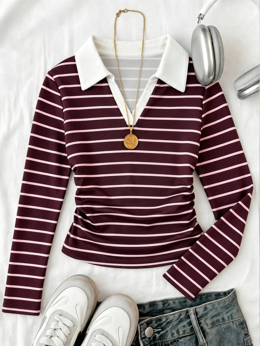 SHEIN Tween Girl Patchwork Contrast Kids Color Striped Long Sleeve Casual T-Shirt - Burgundy - View 1