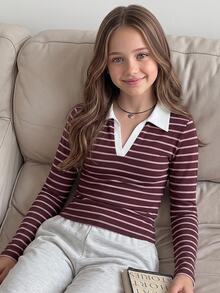 SHEIN Tween Girl Patchwork Contrast Kids Color Striped Long Sleeve Casual T-Shirt - Burgundy - View 3