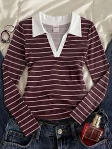 SHEIN Tween Girl Patchwork Contrast Kids Color Striped Long Sleeve Casual T-Shirt - Burgundy - View 2
