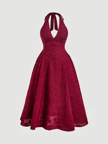 SHEIN MOD Plus Size Burgundy Floral Textured Halter Neck Dress, Deep V-Neck Sleeveless High-Waisted A-Line Dress For Wedding, Party, Cocktail And Christmas - Burgundy - View 2
