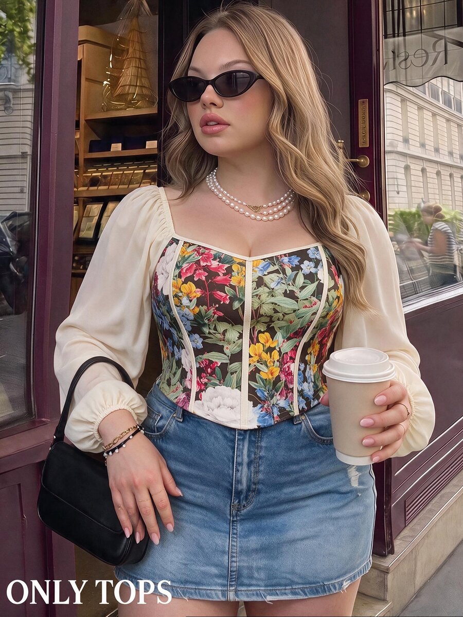 SHEIN MOD Plus Size Vintage Print Patchwork Chiffon Blouse, Early Autumn Outfit, Vintage Style, Romantic Print Top Fall - Dark Green - View 1