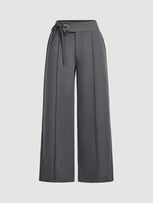SHEIN MOD Plus Size Business Casual Solid Color Side Tie Straight Leg Pants - Grey - View 2