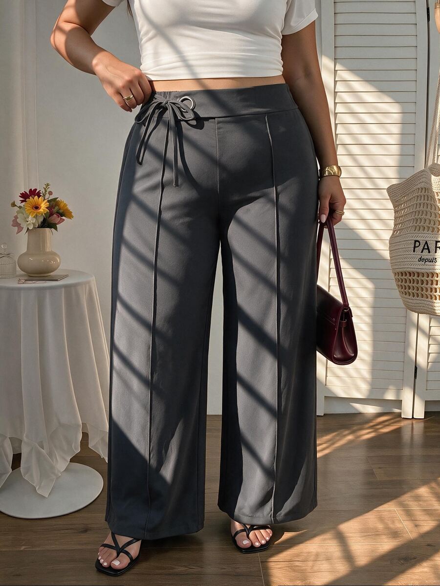 SHEIN MOD Plus Size Business Casual Solid Color Side Tie Straight Leg Pants - Grey - View 1