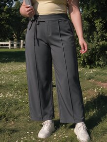 SHEIN MOD Plus Size Business Casual Solid Color Side Tie Straight Leg Pants - Grey - View 4