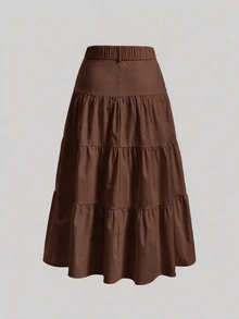 SHEIN MOD Plus-Size Women's Brown Multi-Layered Ruffle A-Line Skirt Elegant Work Outfits For Women Going Out Festival Fall/Winter Christmas/ Halloween - Brown - View 3