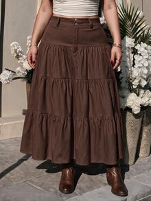 SHEIN MOD Plus-Size Women's Brown Multi-Layered Ruffle A-Line Skirt Elegant Work Outfits For Women Going Out Festival Fall/Winter Christmas/ Halloween - Brown - View 4