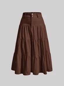 SHEIN MOD Plus-Size Women's Brown Multi-Layered Ruffle A-Line Skirt Elegant Work Outfits For Women Going Out Festival Fall/Winter Christmas/ Halloween - Brown - View 2