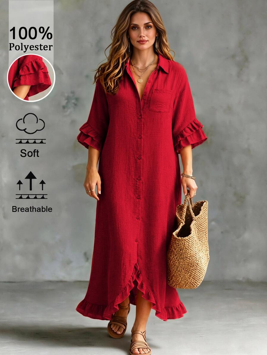 Linhara Plus Size Women's Solid Color Pleated Casual Party Dress - Red - View 1
