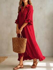 Linhara Plus Size Women's Solid Color Pleated Casual Party Dress - Red - View 8