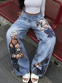 Rovax Quần dài nữ thời trang họa tiết gấu in hiệu ứng denim có túi - Nhiều màu - Xem 1