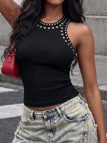 Rovax Sequins & Sequin Embellished Streetwear Style Women Cotton Camisole Crop Top - Black - View 3