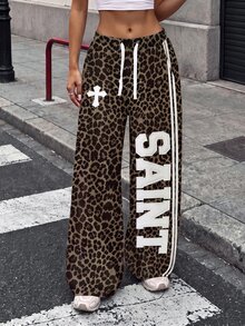 Rovax Celana Panjang Wanita Motif Leopard Longgar dengan Tali Serut dan Model Kaki Mengembang - MultiWarna - View 1