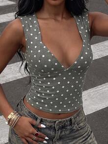 Rovax Women's Polka Dot Print Cap Sleeve Fitted Sexy T-Shirt - Grey - View 4
