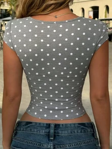 Rovax Women's Polka Dot Print Cap Sleeve Fitted Sexy T-Shirt - Grey - View 2