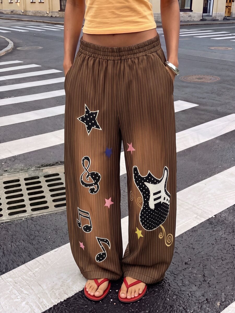 Rovax Women's Striped Pocket Musical Note Pattern Casual Grunge Country Daily Wear Wide Leg Long Pants Concert Brown Autumn - Multicolor - View 1