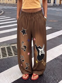 Rovax Women's Striped Pocket Musical Note Pattern Casual Grunge Country Daily Wear Wide Leg Long Pants Concert Brown Autumn - Multicolor - View 3
