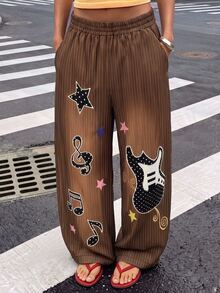 Rovax Women's Striped Pocket Musical Note Pattern Casual Grunge Country Daily Wear Wide Leg Long Pants Concert Brown Autumn - Multicolor - View 5