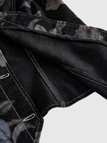 ROMWE Fairycore Vintage Floral Print Washed Denim Jacket For Women Plus Size - Dark Grey - View 5
