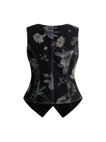 ROMWE Fairycore Vintage Floral Print Washed Denim Jacket For Women Plus Size - Dark Grey - View 2