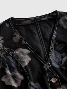 ROMWE Fairycore Vintage Floral Print Washed Denim Jacket For Women Plus Size - Dark Grey - View 3