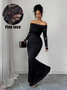 Elenzga Lace Trim Sheer Long Sleeve Black Dress, Elegant Fitted Mermaid Hem Knit Bodycon Dress For Commuting, Autumn/Winter Low Rise Free Shipping - Black - View 4